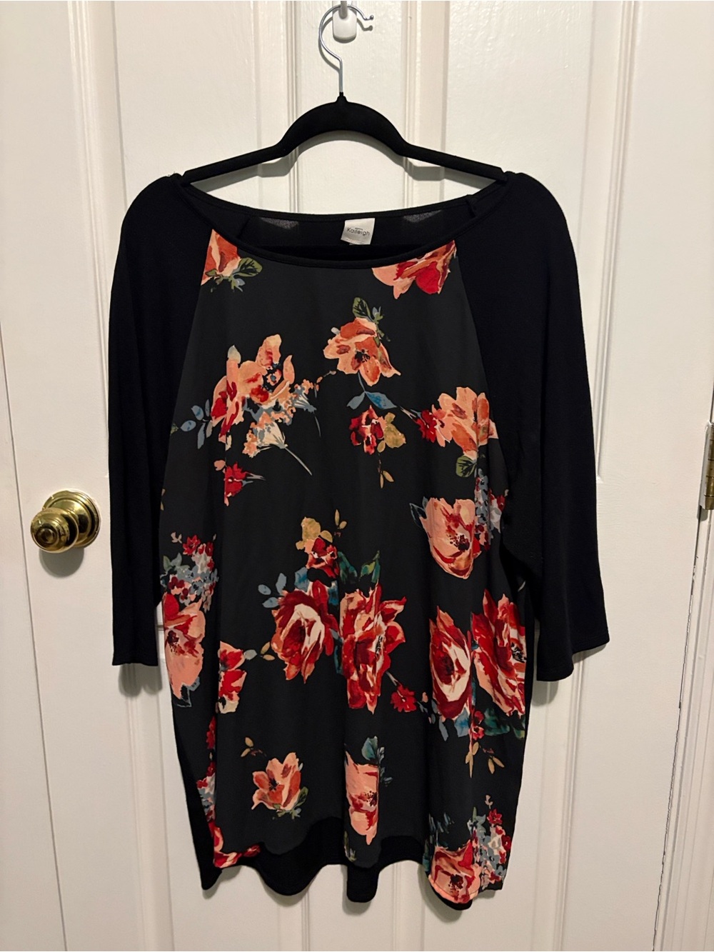 Kaileigh Black Floral Raglan Tunic with Peach & Red Blooms